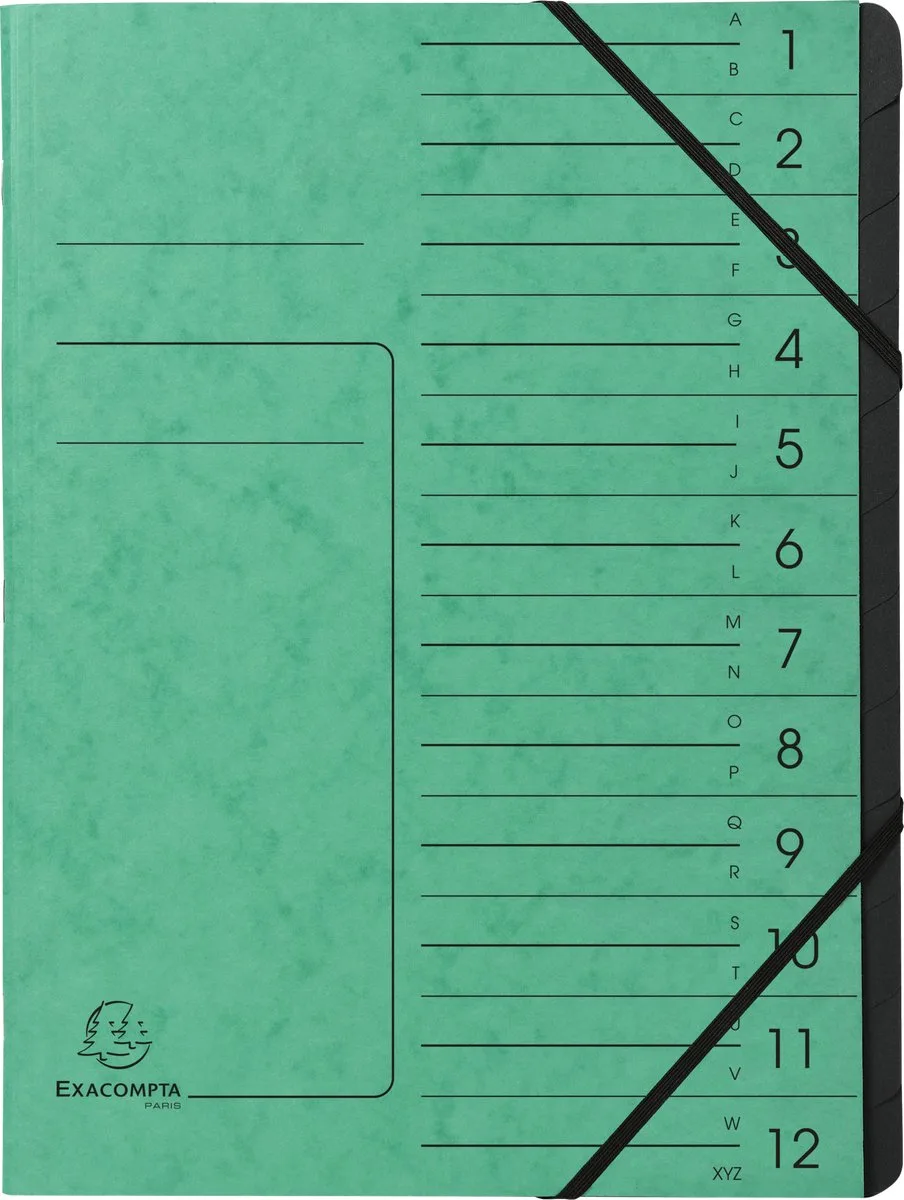 Exacompta 10x Sorteermap met vaste rug - elastosluiting - zwarte binnenafwerking - 12 vakken - A4 - 541203E by Exacompta in Green – product photo