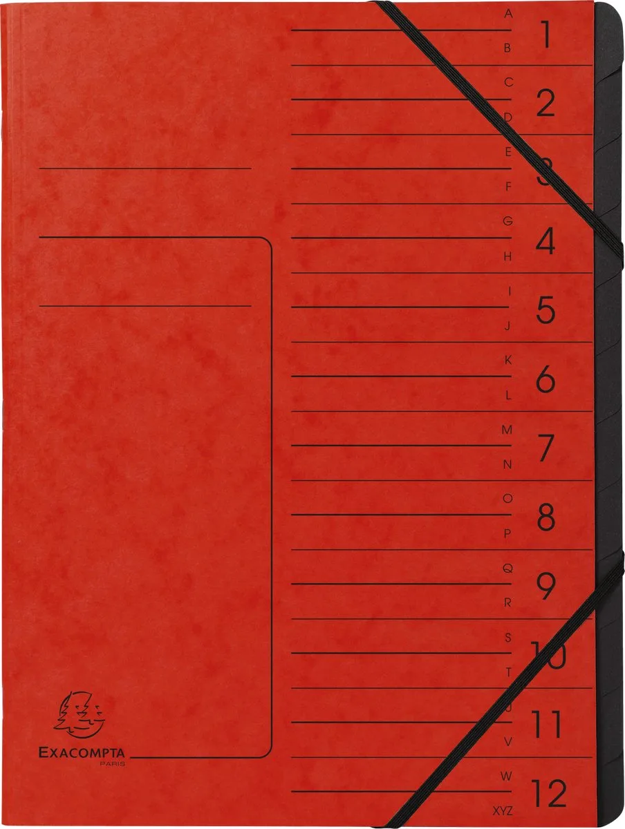 Exacompta 10x Sorteermap met vaste rug - elastosluiting - zwarte binnenafwerking - 12 vakken - A4 - 541205E by Exacompta in Red – product photo