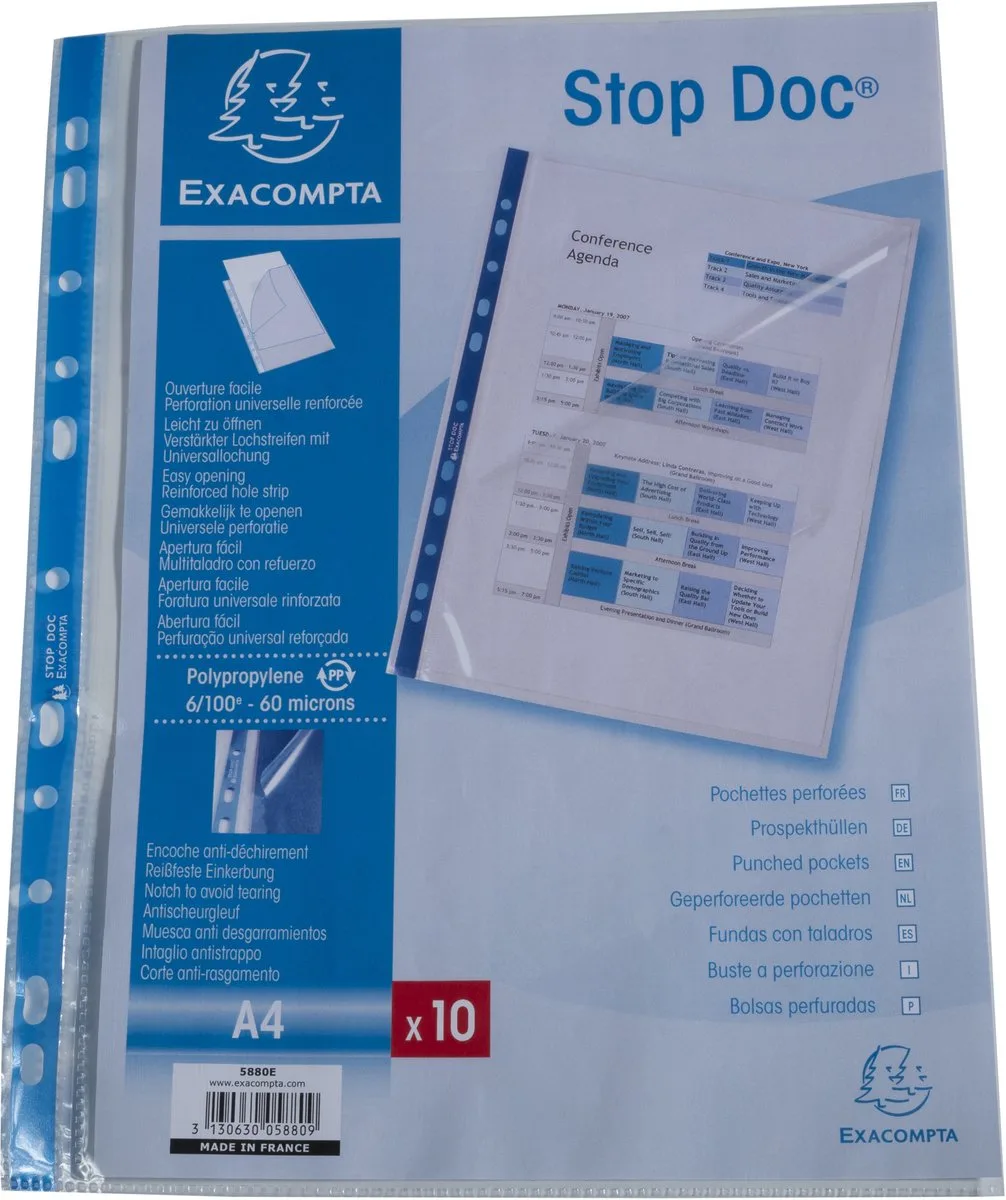 Exacompta 10x Stop Doc® Pak van 10 geperforeerde showtassen - hoekopening - gladde PP 6/100ste - A4 - 5880E by Exacompta in Kleurloos – product photo