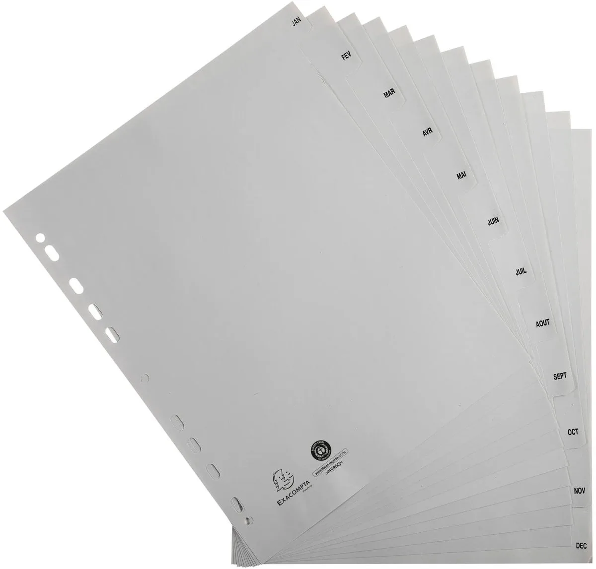 Exacompta 10x Tabbladen met bedrukte tabs in gerecycled PP - 12 tabs - januari/december - A4 maxi - 2812E fra Exacompta i Grå – produktbillede