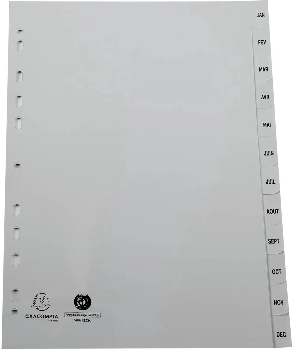 Exacompta 10x Tabbladen met bedrukte tabs in gerecycled PP - 12 tabs - januari/december - A4 - 1812E by Exacompta in Grey – product photo