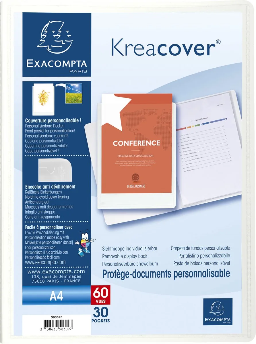 Exacompta 12x Kreacover® Personaliseerbare showalbums harde PP met vaste rug - 30 tassen - 60 zichten - A4 - 58309E by Exacompta in White – product photo