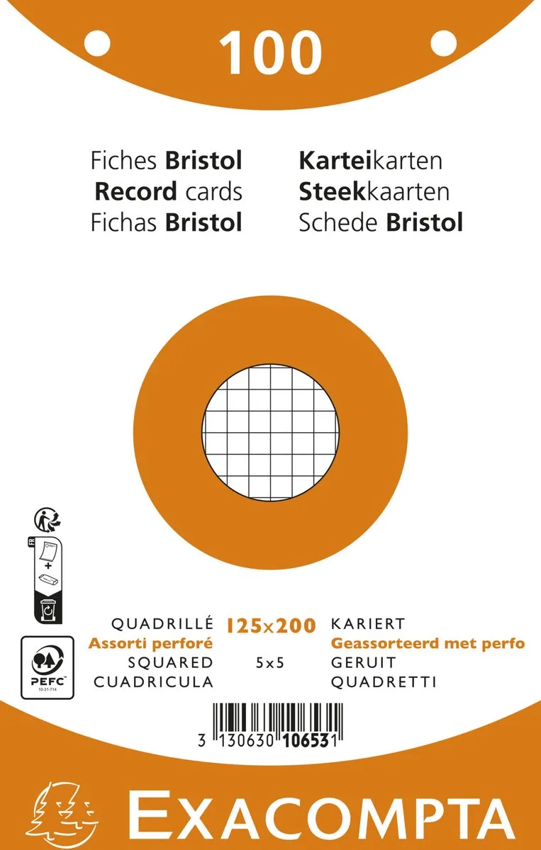 Exacompta 12x Pak 100 steekkaarten in folie - bristol geruit 5x5 geperforeerd - 125x200mm - 10653E von Exacompta in Geassorteerd – Produktfoto