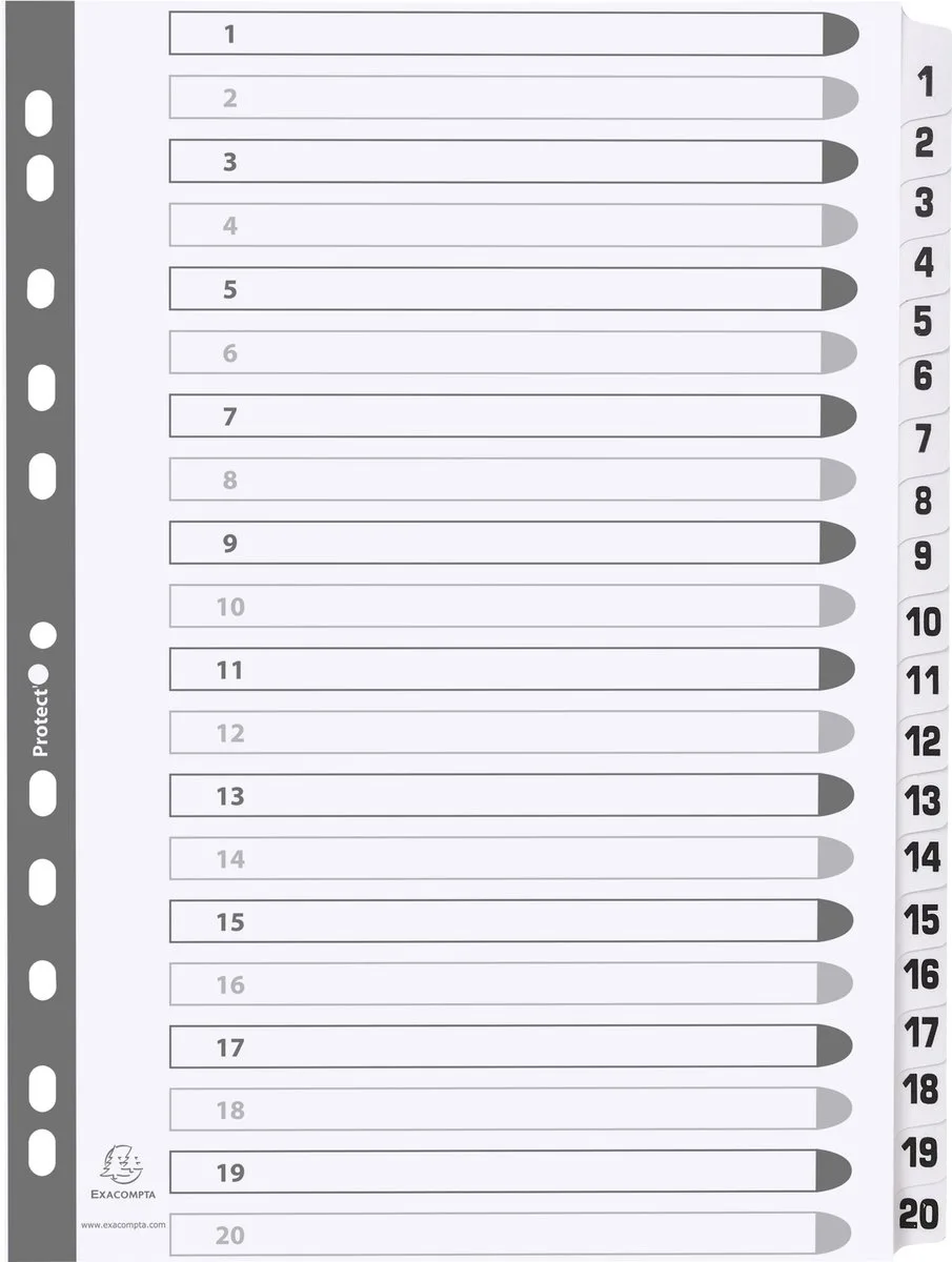 Exacompta 15x Bedrukte tabbladen karton 160g - geplastificeerde tabs - 20 tabs - 1 tot 20 - A4 - MWD1-20Z van Exacompta in Wit – productfoto