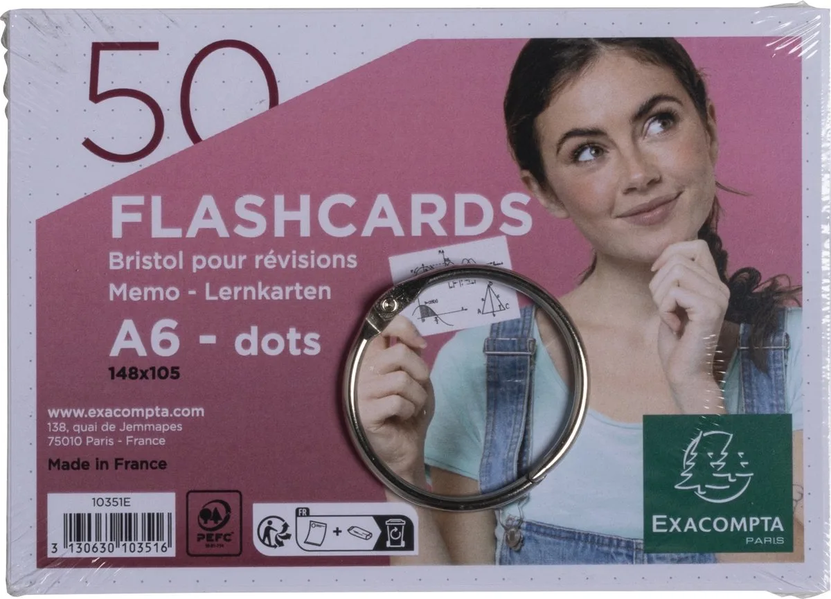 Exacompta 19x Pak 50 Flashcards onder film + gebroken ring - bristol karton dots geperforeerd - Formaat A6 - 10351E van Exacompta in Wit – productfoto