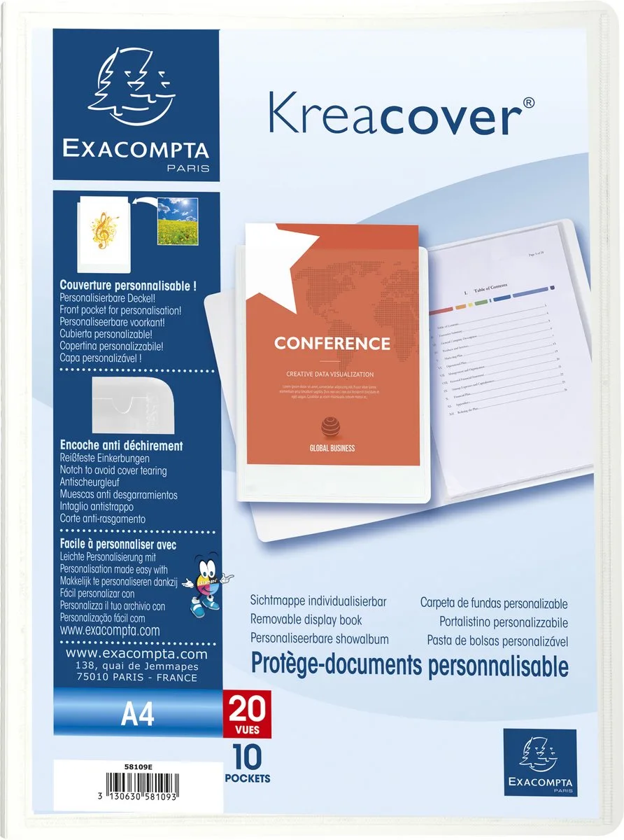 Exacompta 20x Kreacover® Personaliseerbare showalbums harde PP met vaste rug - 10 tassen - 20 zichten - A4 - 58109E fra Exacompta i Hvid – produktbillede
