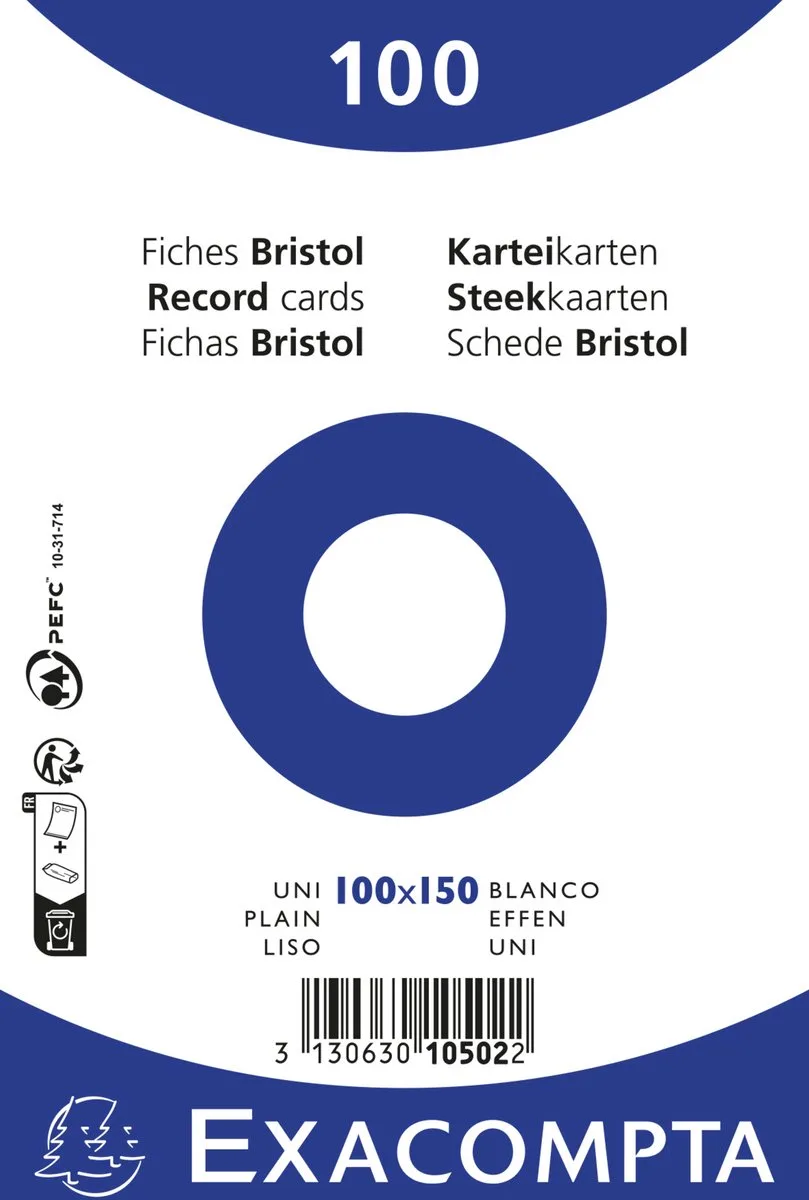 Exacompta 20x Pak 100 steekkaarten bristol in folie - effen niet geperforeerd 100x150mm - 10502E de Exacompta en Blanc – photo produit