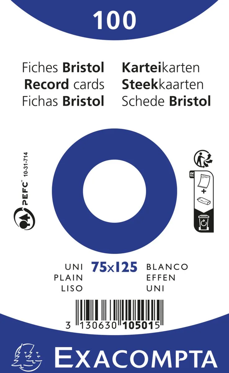 Exacompta 20x Pak 100 steekkaarten bristol in folie - effen niet geperforeerd 75x125mm - 10501E de Exacompta en Blanc – photo produit