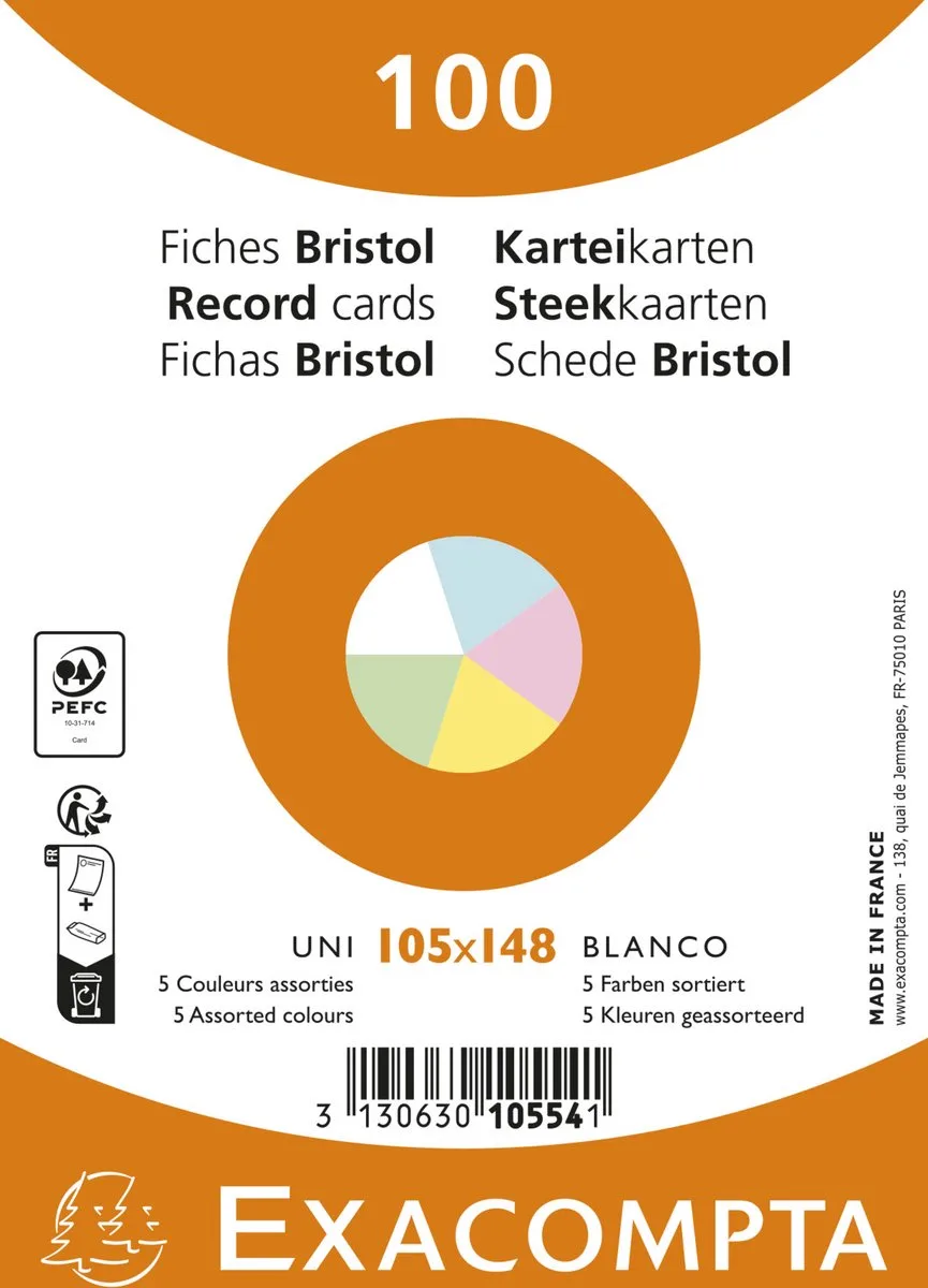 Exacompta 20x Pak 100 steekkaarten onder krimpfolie - Bristol UNI niet geperforeerd 105x148mm - 10554E de Exacompta en Geassorteerd – photo produit