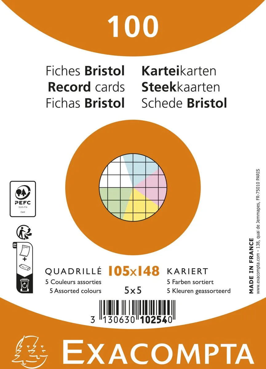 Exacompta 20x Pak 100 steekkaarten onder krimpfolie - Bristol geruit 5x5 niet geperforeerd 105x148mm - 10254E van Exacompta in Geassorteerd – productfoto