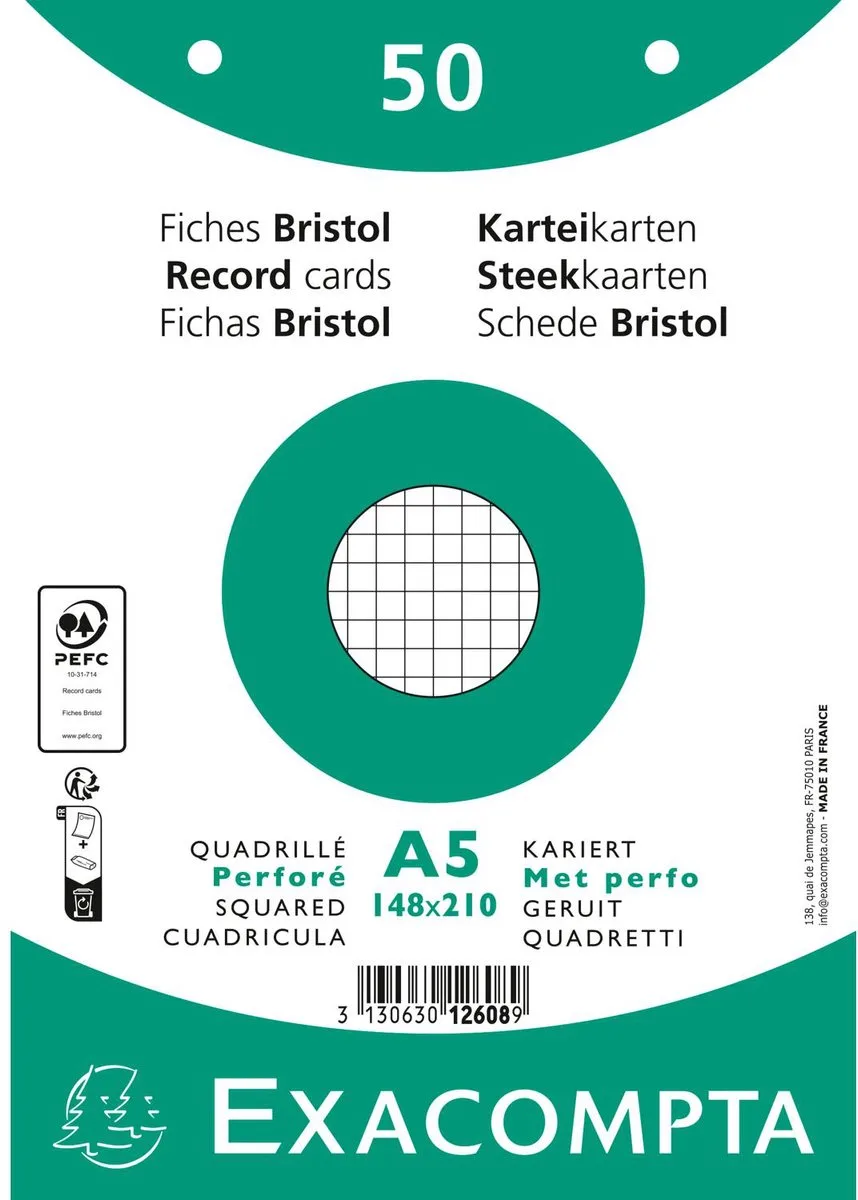 Exacompta 20x Pak 50 steekkaarten in folie - bristol geruit 5x5 geperforeerd - 148x210mm - 12608E de Exacompta en Blanc – photo produit