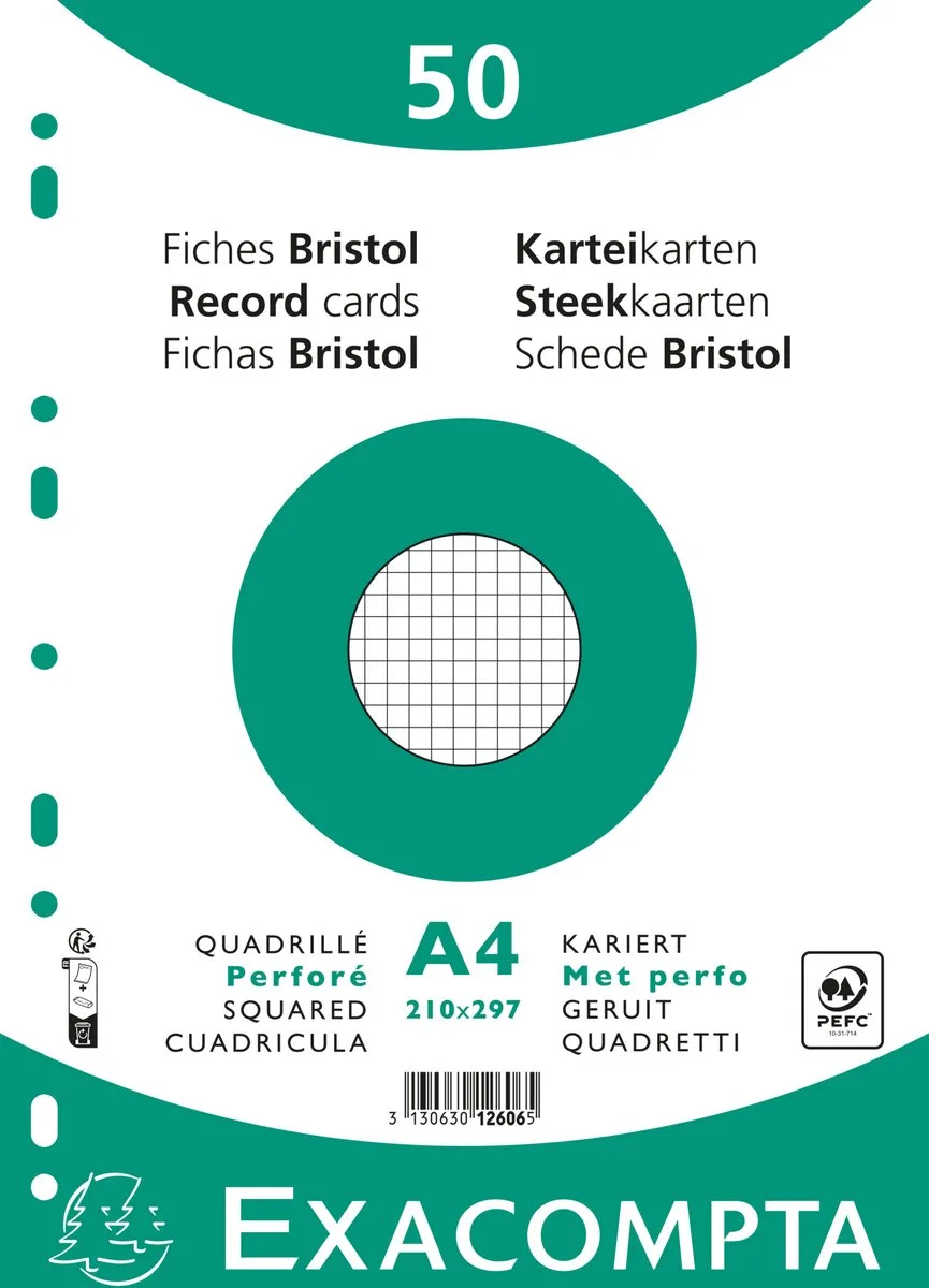 Exacompta 20x Pak 50 steekkaarten in folie - bristol geruit 5x5 geperforeerd - 210x297mm - 12606E von Exacompta in Weiß – Produktfoto