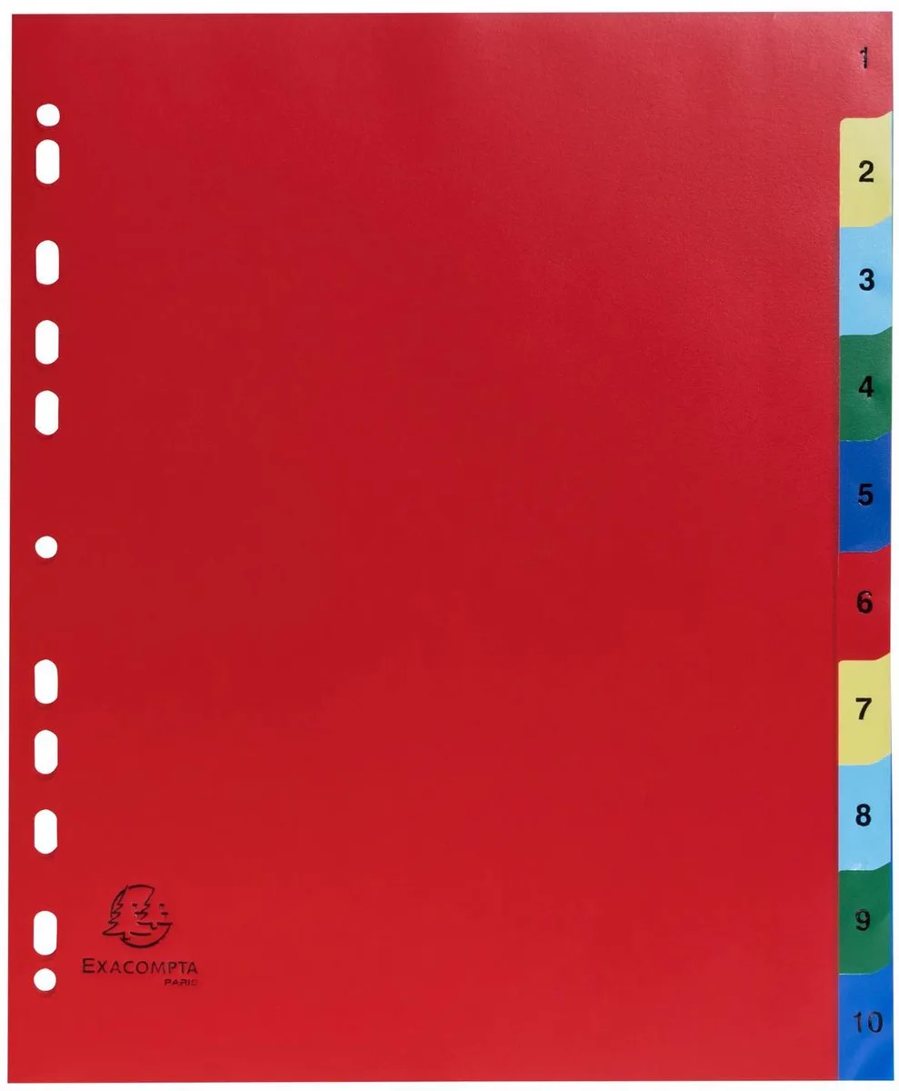 Exacompta 20x Tabbladen met bedrukte tabs in gekleurde PP - 10 tabs - 1 tot 10 - A4 maxi - 84E by Exacompta in Geassorteerde felle kleuren – product photo
