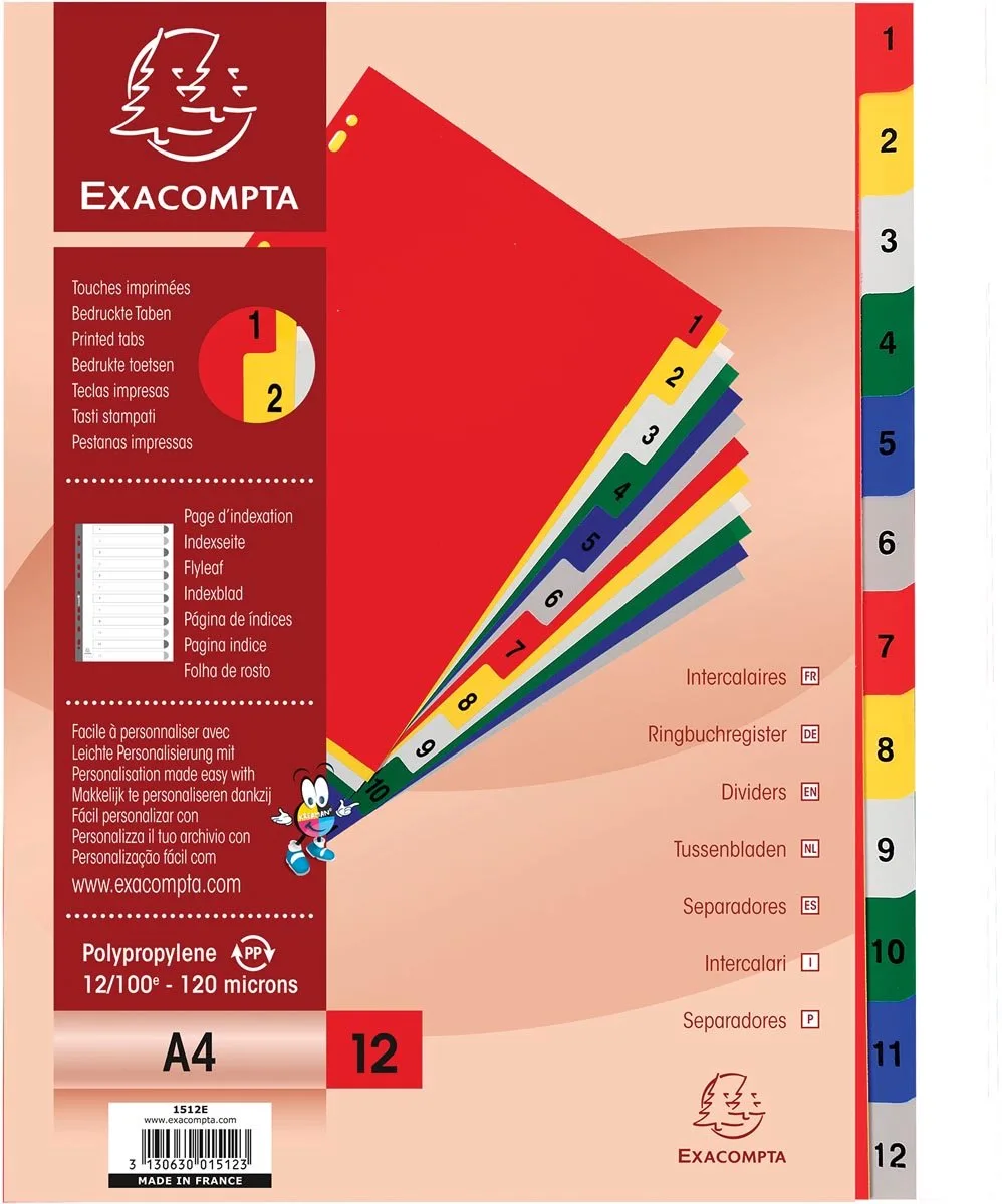 Exacompta 20x Tabbladen met bedrukte tabs in gekleurde PP - 12 tabs - 1 tot 12 - A4 - 1512E von Exacompta in Geassorteerde felle kleuren – Produktfoto