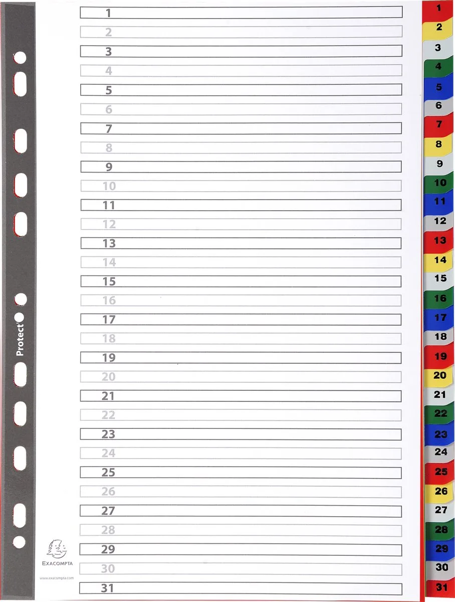 Exacompta 20x Tabbladen met bedrukte tabs in gekleurde PP - 31 tabs - 1 tot 31 - A4 - 93E by Exacompta in Geassorteerd – product photo