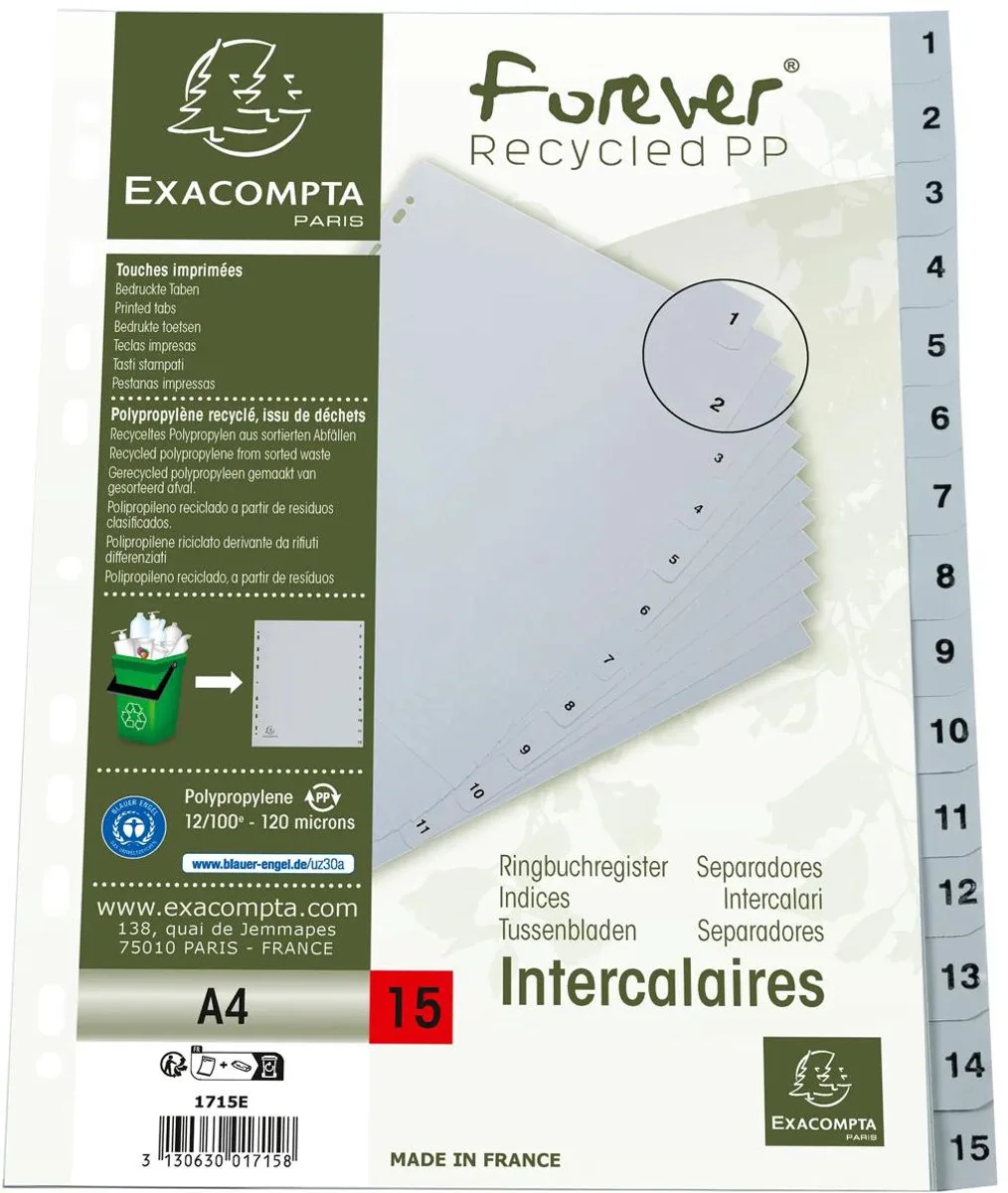 Exacompta 20x Tabbladen met bedrukte tabs in gerecycled PP - 15 tabs - 1 tot 15 - A4 - 1715E by Exacompta in Grey – product photo
