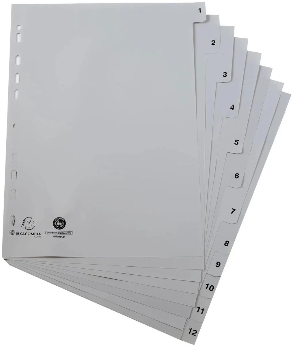 Exacompta 20x Tabbladen met bedrukte tabs in gerecycled PP - 12 tabs - 1 tot 12 - A4 - 1912E by Exacompta in Grey – product photo