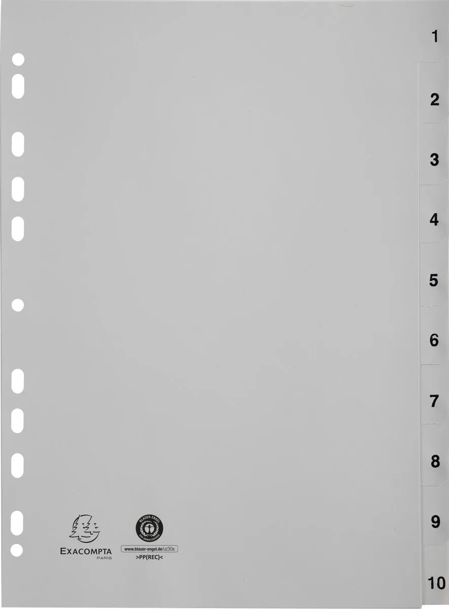 Exacompta 20x Tabbladen met bedrukte tabs in gerecycled PP - 10 tabs - 1 tot 10 - A4 - 1710E by Exacompta in Grey – product photo
