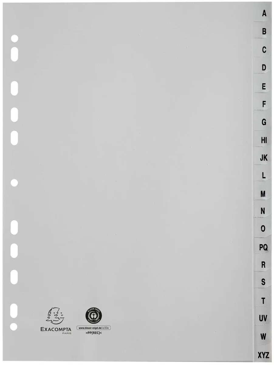 Exacompta 20x Tabbladen met bedrukte tabs in gerecycled PP - 20 tabs - A tot Z - A4 - 1720E by Exacompta in Grey – product photo