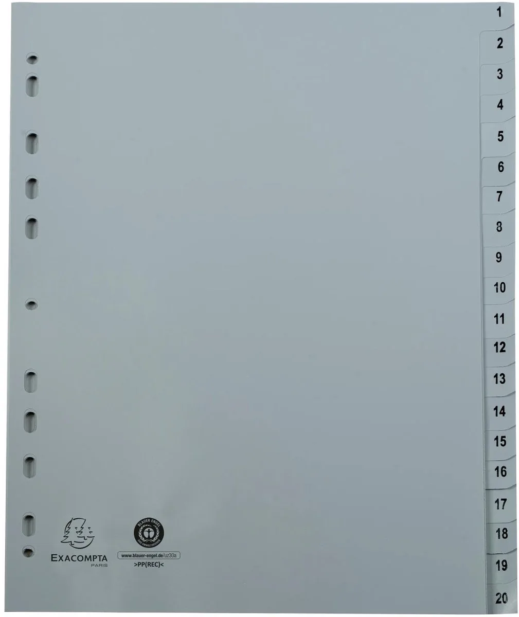 Exacompta 20x Tabbladen met bedrukte tabs in gerecycled PP - 20 tabs - 1 tot 20 - A4 - 1721E by Exacompta in Grey – product photo
