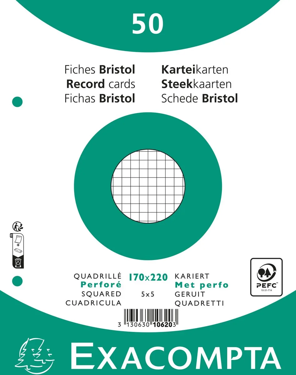 Exacompta 24x Pak 50 steekkaarten in folie - bristol geruit 5x5 geperforeerd - 170x220mm - 10620E van Exacompta in Wit – productfoto