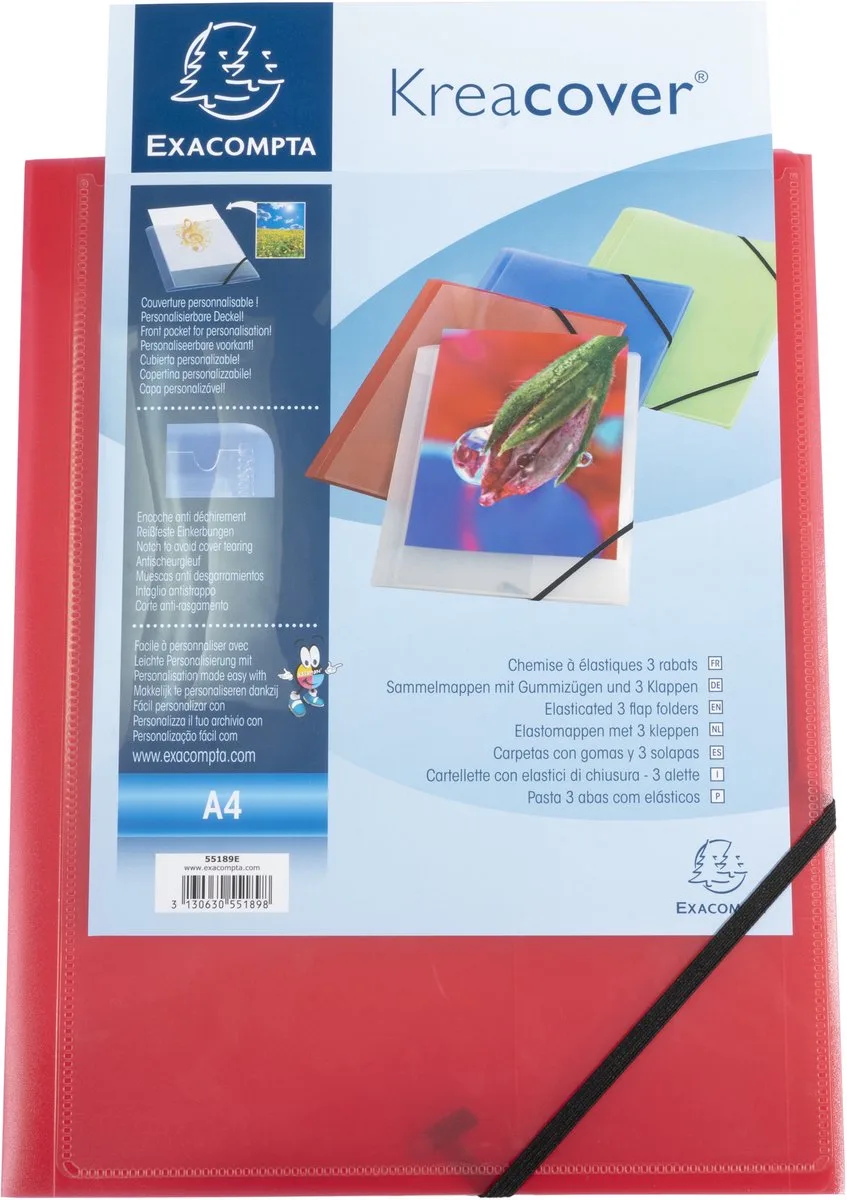 Exacompta 25x Kreacover® elastomap met 3 kleppen - ondoorschijnende PP 5/10de- A4 - 55185E de Exacompta en Rouge – photo produit