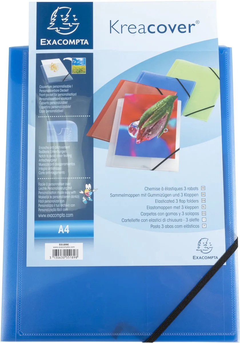 Exacompta 25x Kreacover® elastomap met 3 kleppen - ondoorschijnende PP 5/10de- A4 - 55182E de Exacompta en Bleu – photo produit