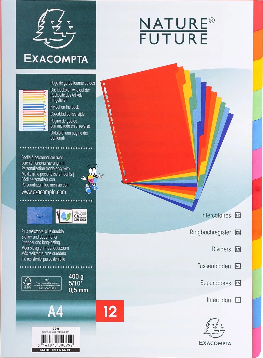 Exacompta 25x Tabbladen in glanskarton 400g - 12 tabs - A4 - 99H van Exacompta in Geassorteerd – productfoto