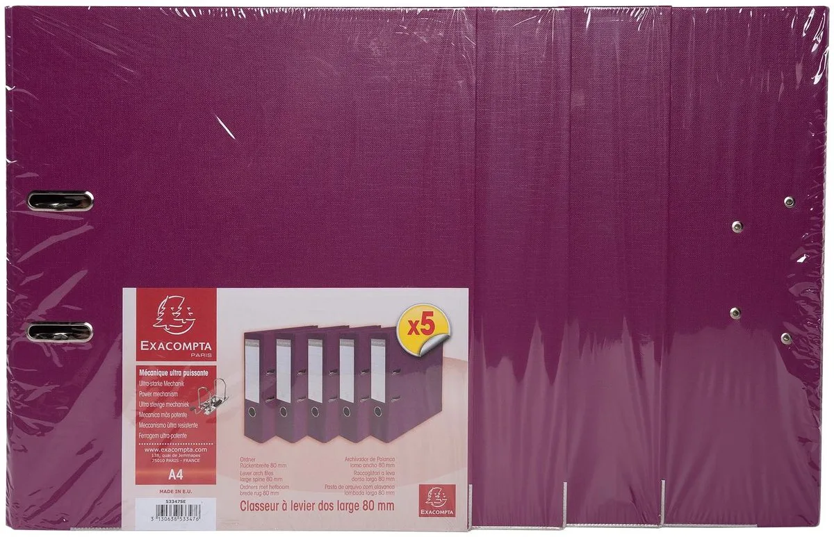 Exacompta 2x Pak van 5 ordners met hefboom - rug 80mm - Prem'Touch mechaniek - formaat A4 - buitenzijde in polypropyleen / binnenzijde in polypropyleen - 53347SE van Exacompta in Fuchsia – productfoto