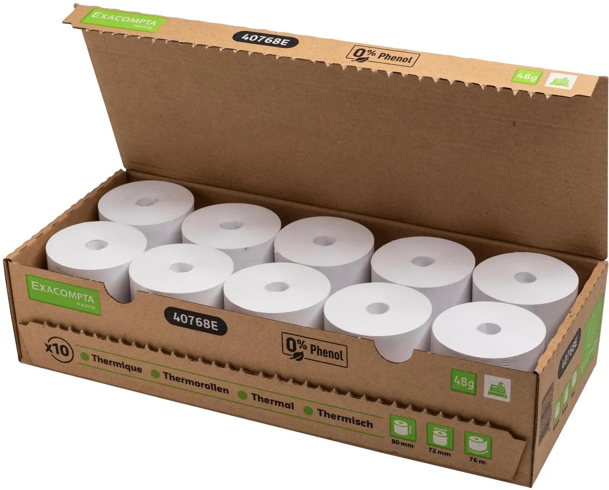 Exacompta 30x Kassarol 80x72mm - 76m - 1 laag thermisch papier 48g/m2 fenol- en plasticvrij - 40768E van Exacompta in Wit – productfoto