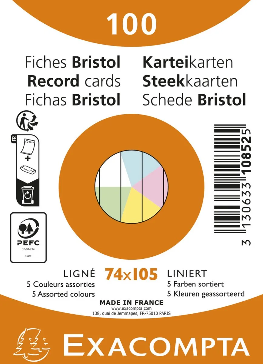 Exacompta 40x Pak 100 steekkaarten onder krimpfolie - Bristol gelijnd niet geperforeerd 74x105mm - 10852E von Exacompta in Geassorteerd – Produktfoto