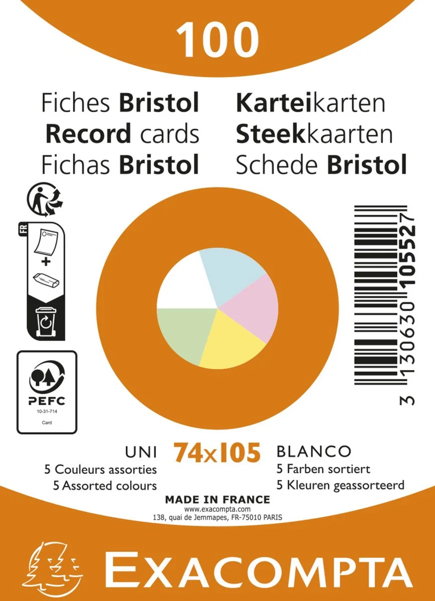 Exacompta 40x Pak 100 steekkaarten onder krimpfolie - Bristol UNI niet geperforeerd 74x105mm - 10552E de Exacompta en Geassorteerd – photo produit