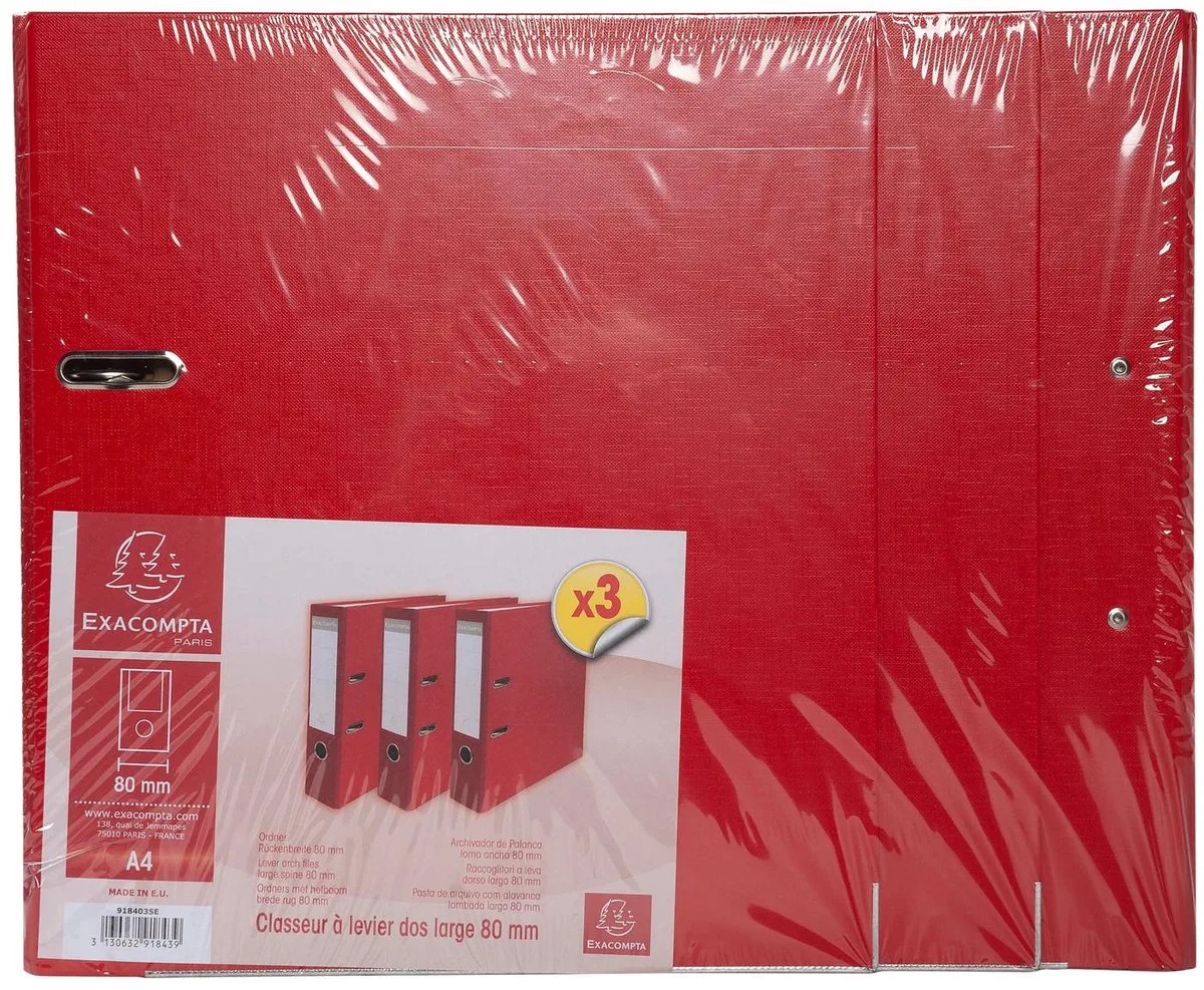 Exacompta 4x Pak van 3 ordners - rug 80mm - formaat A4 - buitenzijde in polypropyleen / binnenzijde in papier - 918403SE de Exacompta en Rouge – photo produit