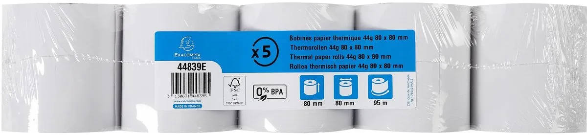 Exacompta 50x Kassarol 80x80mm - 95m - 1 laag thermisch papier 44g/m2 - groot aantal meters - 44839E van Exacompta in Wit – productfoto