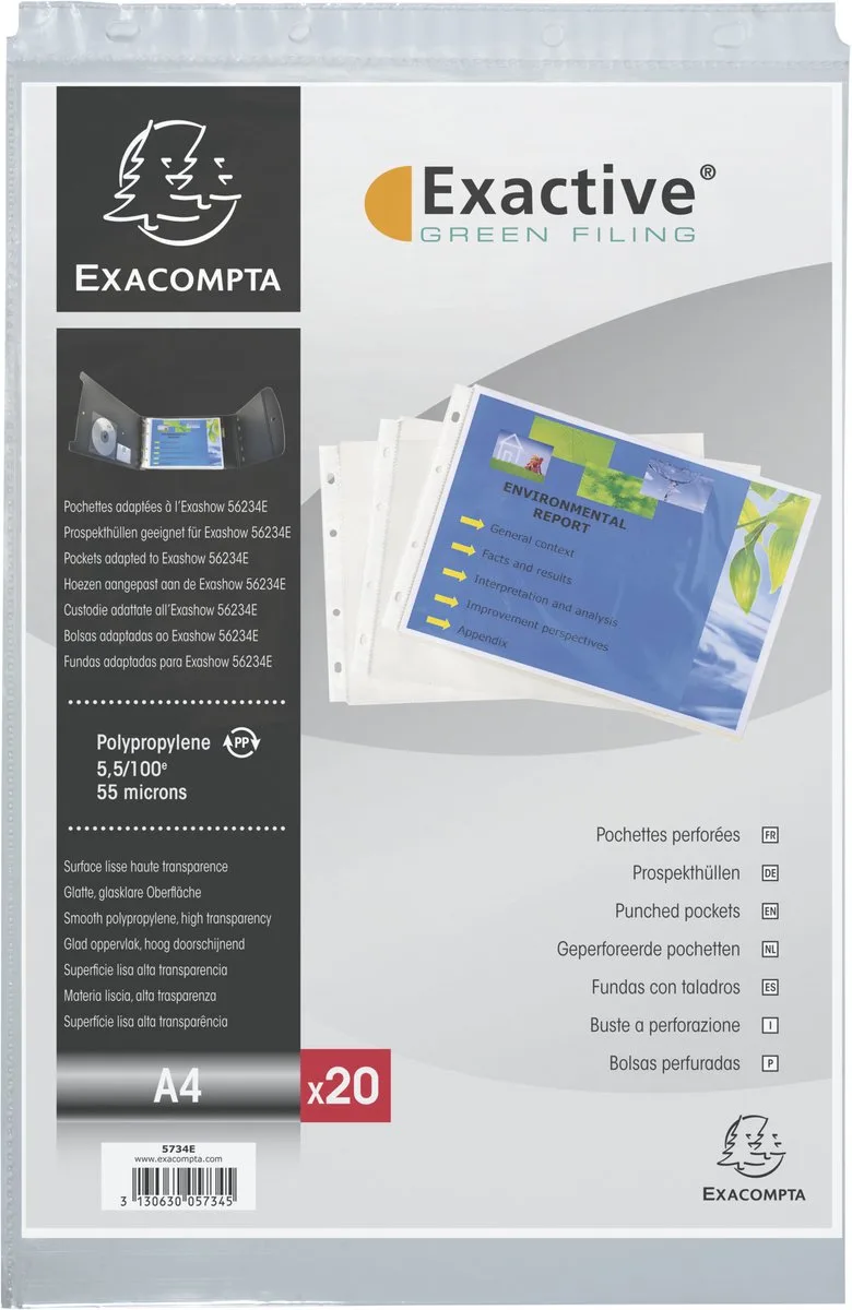 Exacompta 5x Exactive® Pak van 20 geperforeerde showtassen - gladde PP 5,5/100ste - A4 horizontaal - 5734E van Exacompta in Transparant – productfoto