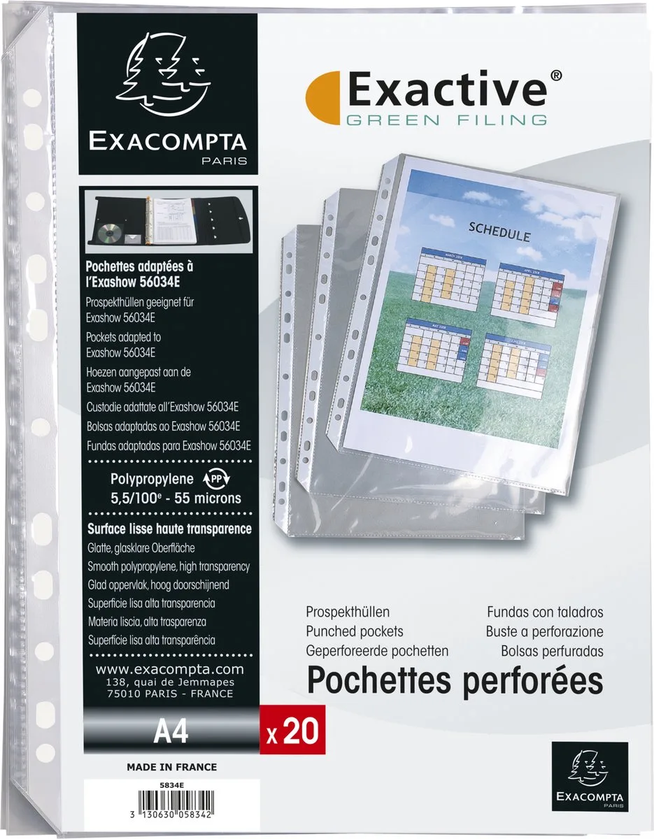 Exacompta 5x Exactive® Pak van 20 geperforeerde showtassen - gladde PP 5,5/100ste - A4 - 5834E by Exacompta in Transparent – product photo