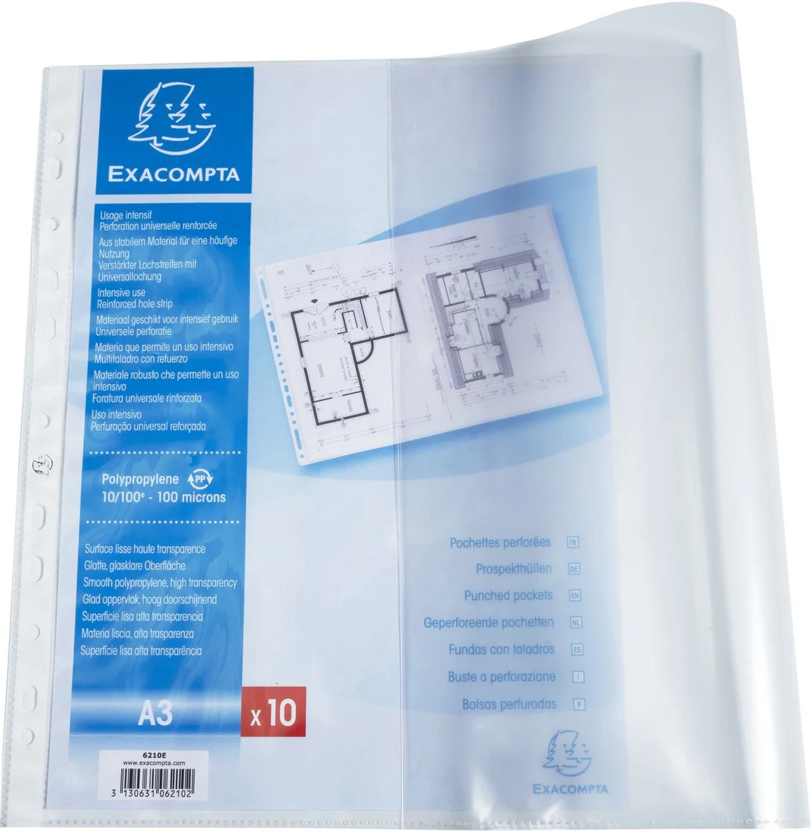 Exacompta 5x Pak van 10 geperforeerde showtassen - gladde PP 10/100ste - A3 horizontaal - 6210E by Exacompta in Transparent – product photo