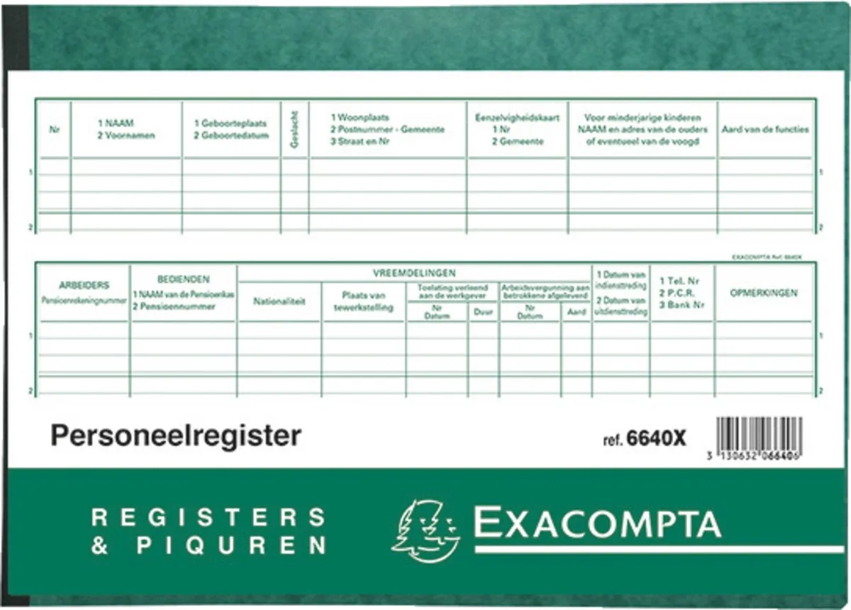 Exacompta 5x Speciaal register Arbeidswetgeving - Personeelsregister 21x29,7cm - 99 inschrijvingen - 80 blad - Nederlandstalig - - 6640X van Exacompta in Ander – productfoto
