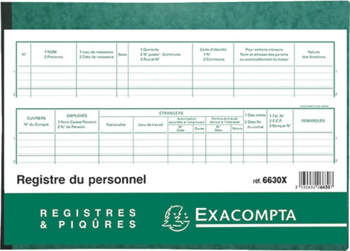 Exacompta 5x Speciaal register Arbeidswetgeving - Personeelsregister 21x29,7cm - 99 inschrijvingen - 80 blad - Franstalig - - 6630X by Exacompta in Ander – product photo