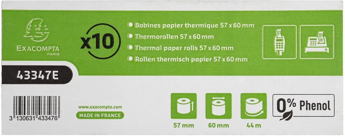 Exacompta 60x Kassa/ Bankterminal rollen 57x60mm - 1 laag thermisch papier 55g/m2 - zonder Phenol - 43347E by Exacompta in White – product photo