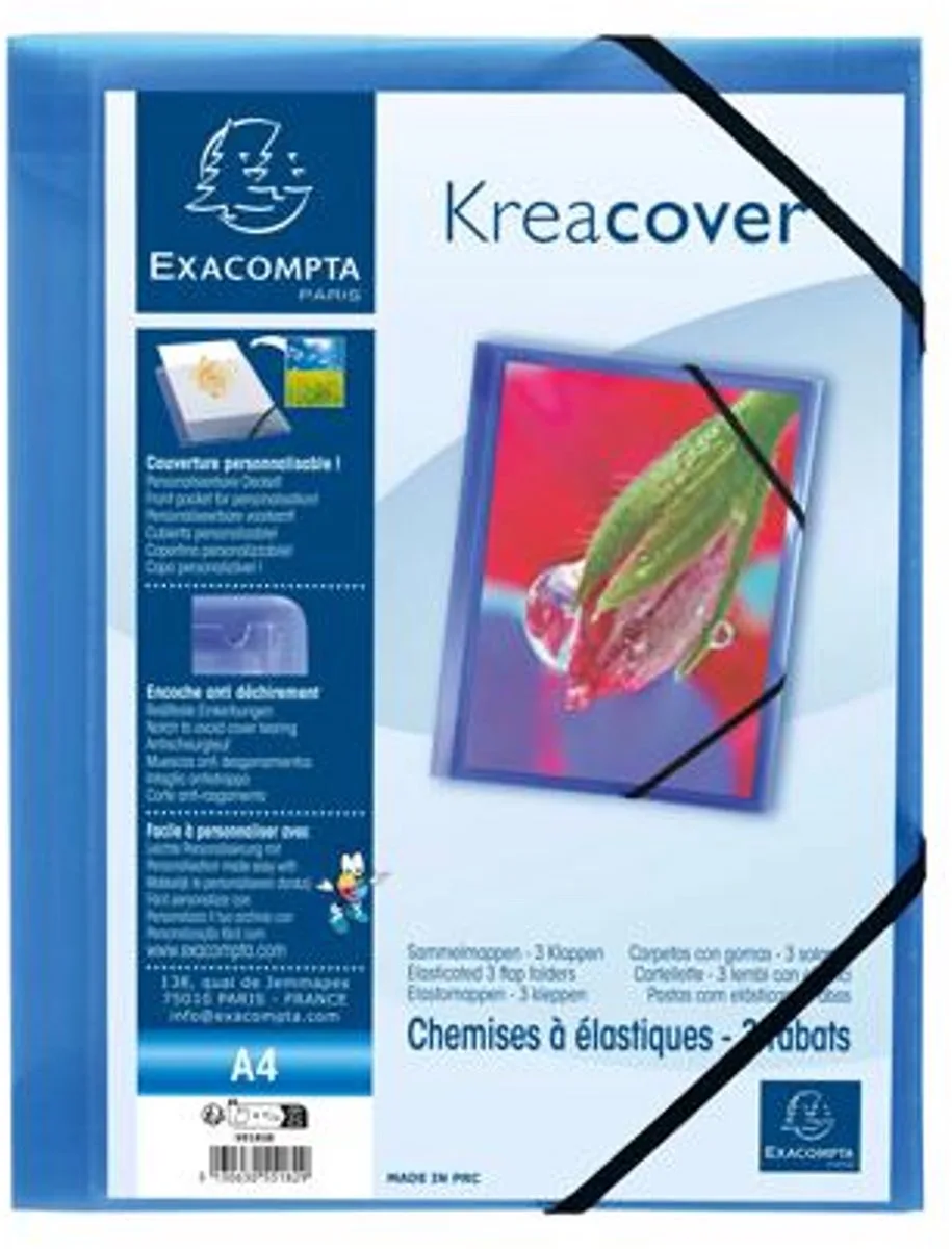 Kreacover® elastomap met 3 kleppen - ondoorschijnende PP 5/10de- A4 - 55182E från Exacompta i Blå – produktbild