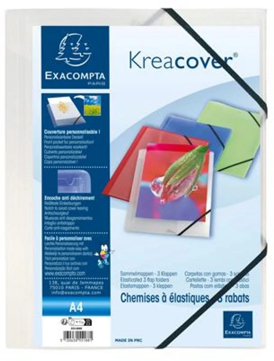 Kreacover® elastomap met 3 kleppen - ondoorschijnende PP 5/10de- A4 - Kleurloos - 55188E från Exacompta i Transparant wit – produktbild