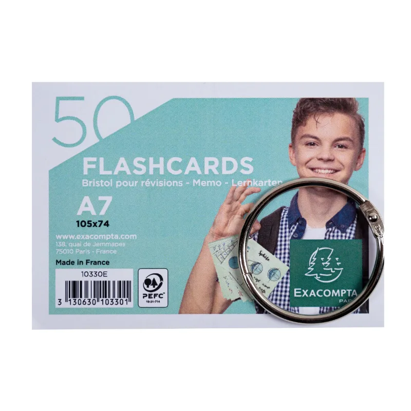 Lot de 50 cartes à jouer dans une pochette plastifiée + anneau - Papier Bristol perforé et ligné - Format A7 - Couleurs assorties de Exacompta – photo produit