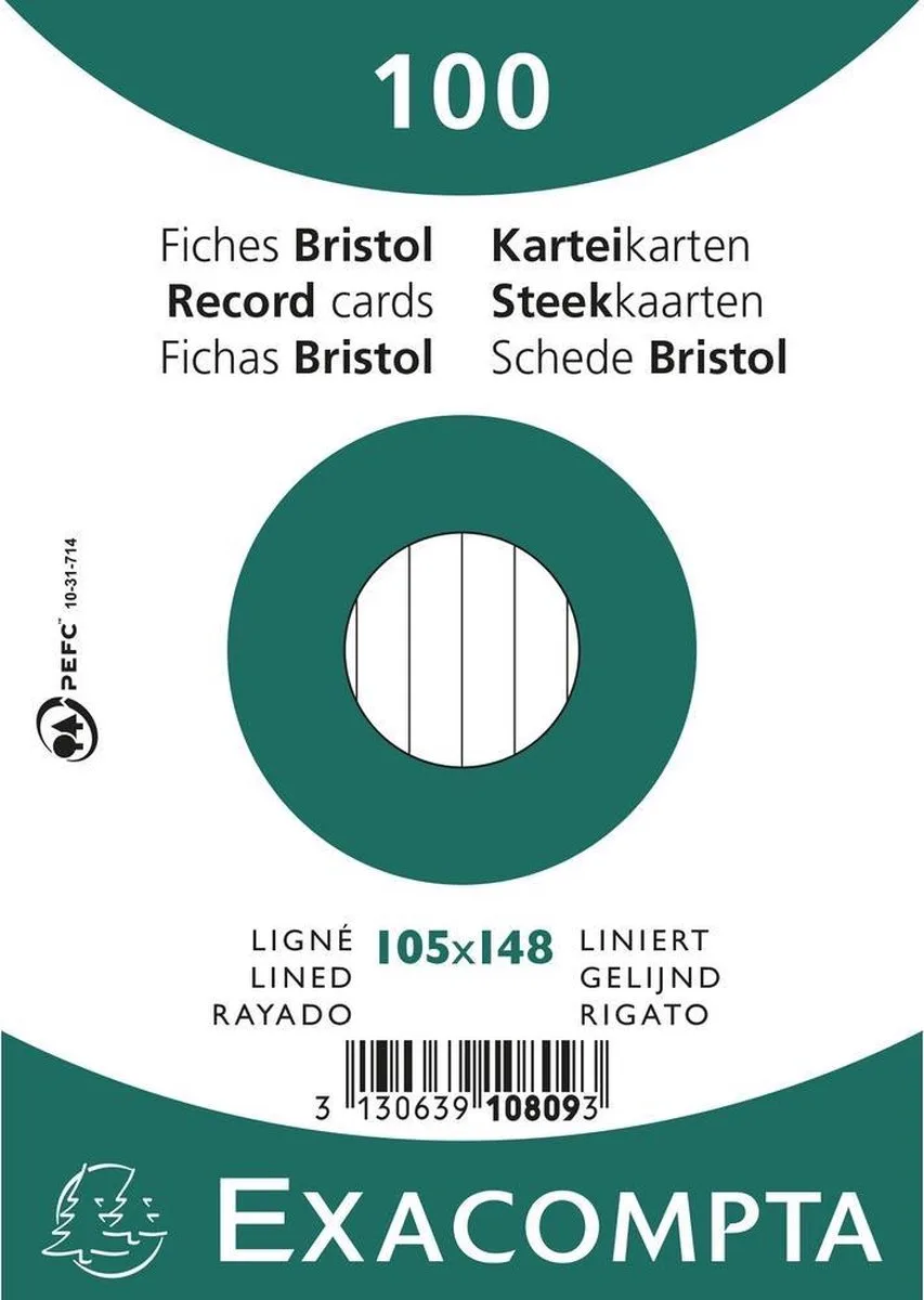 Pak 100 steekkaarten in folie - bristol gelijnd niet geperforeerd 105x148mm - 10809SE van Exacompta in Wit – productfoto