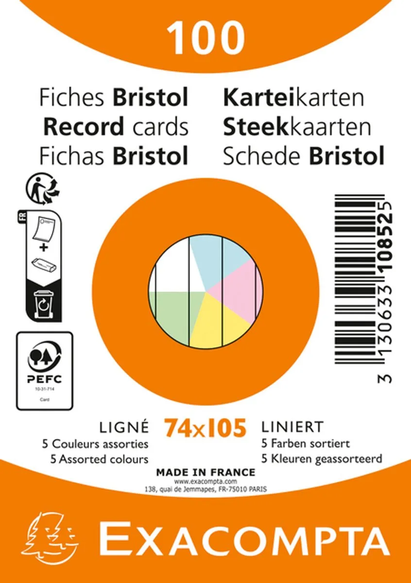 Pak 100 steekkaarten onder krimpfolie - Bristol gelijnd niet geperforeerd 74x105mm - Geassorteerd - 10852E van Exacompta in Clair – productfoto