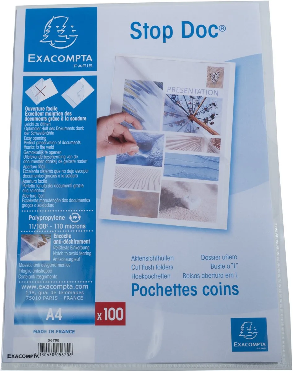 Pak van 100 L mappen- gladde PP 11/100ste - A4 - 5670E från Exacompta i Transparent – produktbild