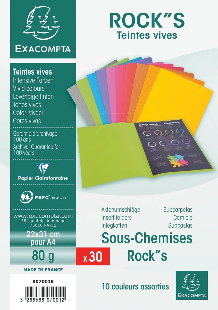 ROCK''S 80 Pak van 30 inlegmappen - 22x31cm voor A12 - Geassorteerd - 807001E van Exacompta in Bahia – productfoto