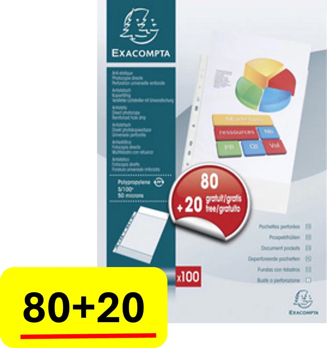 showtas - insteekhoesje U-model A4 - 60 micron - promopack 80+20 gratis fra Exacompta i Gennemsigtig – produktbillede