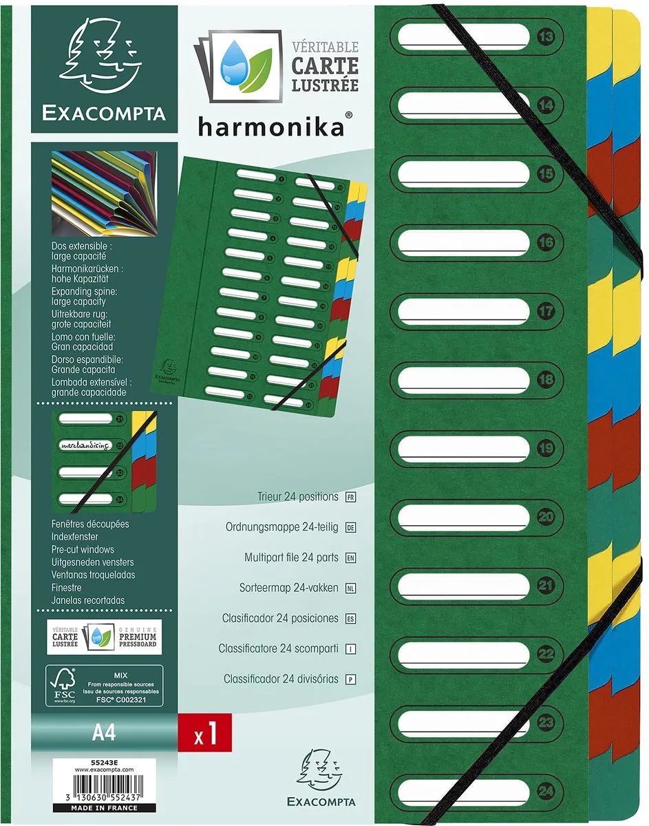 Sorteermap HARMONIKA® met uitrekbare rug en uitgesneden vensters - 24 indelingen - 55243E fra Exacompta i Grøn – produktbillede