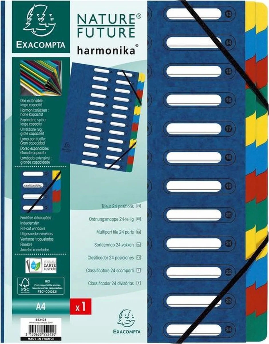 Sorteermap HARMONIKA® met uitrekbare rug en uitgesneden vensters - 24 indelingen - 55242E van Exacompta in Blauw – productfoto